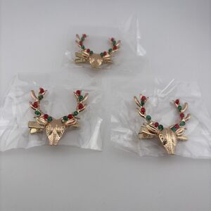 3pc Christmas Reindeer Antler Hair Clips Gold Elk Horns Red Green Beads Holiday